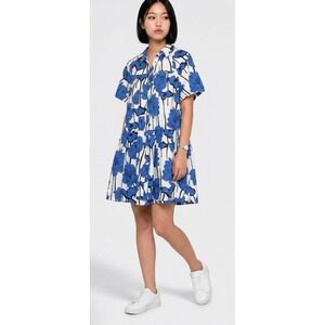 Werner Floral Shirt Dress Womens Medium Blue White Short Sleeve Tiered Mini
